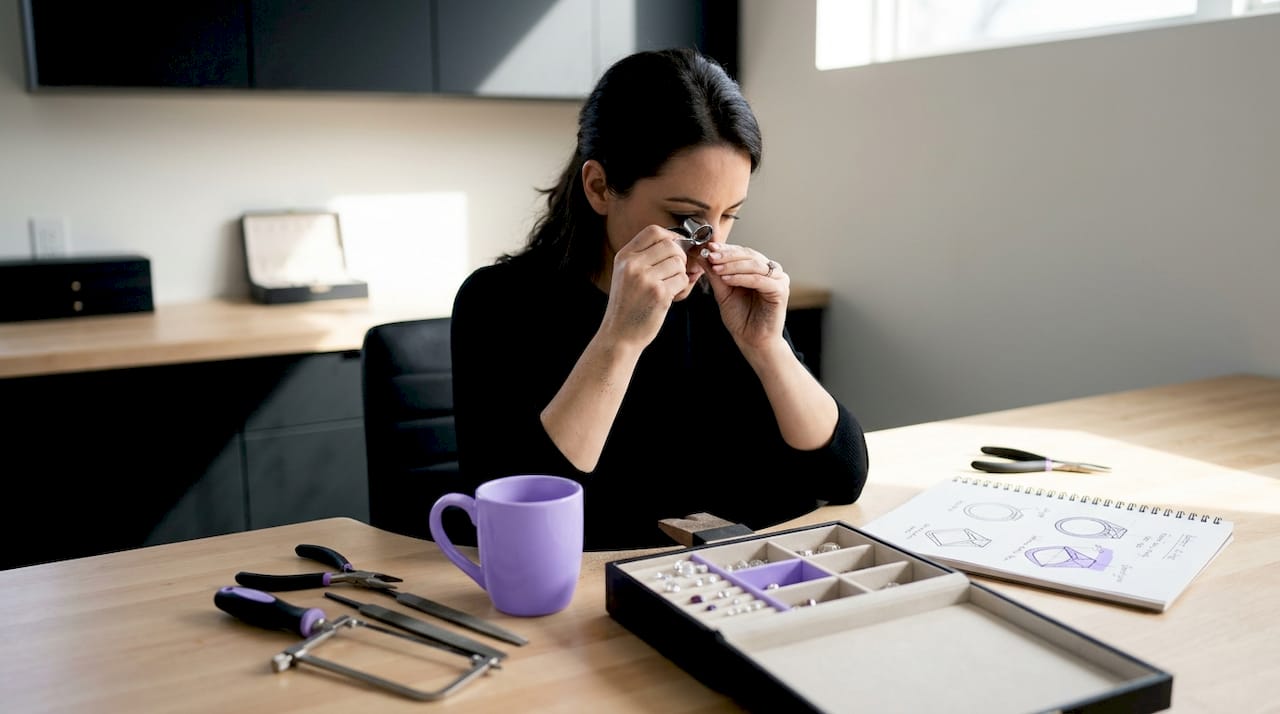 Jeweler examining stone at workbench in studio