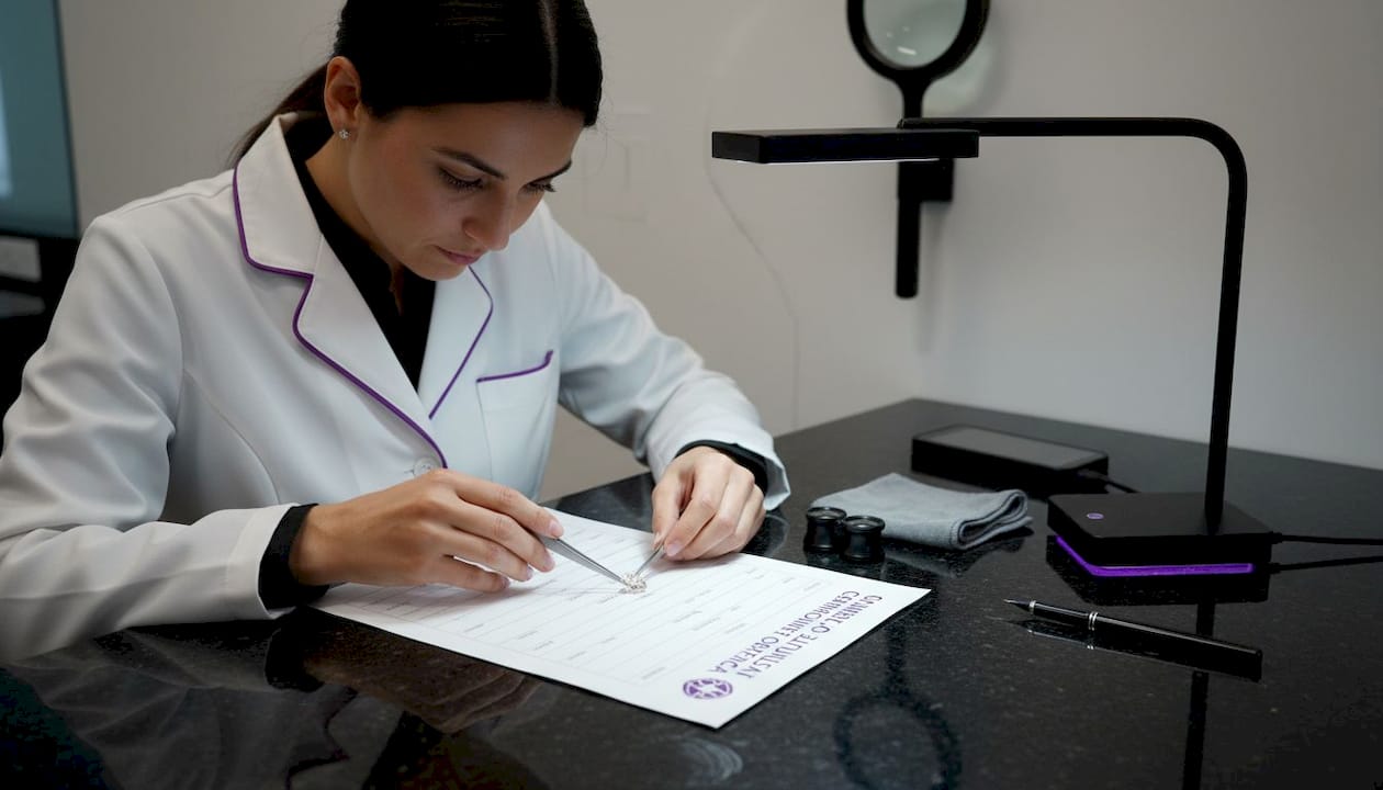 Jeweler closely inspects diamond for grading