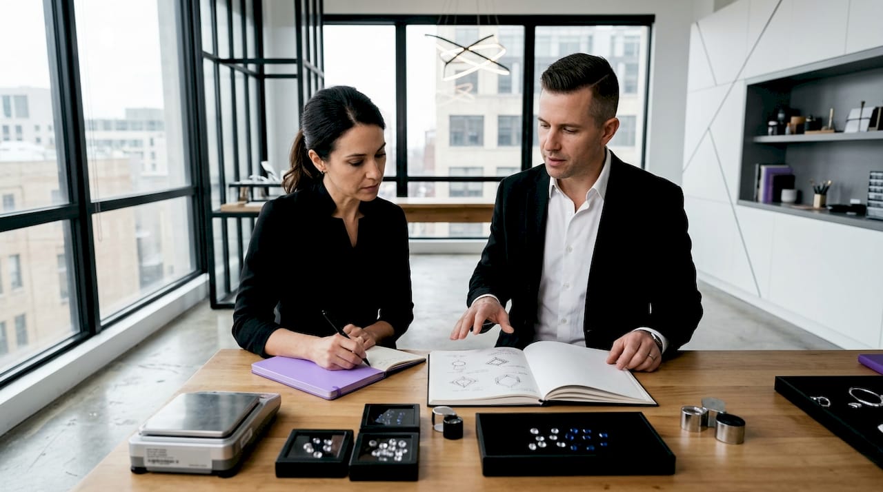 Client and jeweler consult in artisan diamond studio