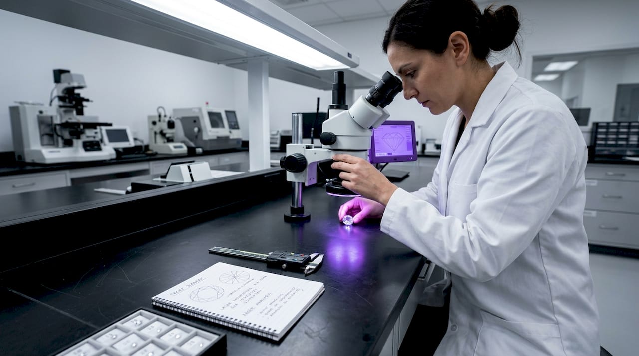Technician inspects diamond in laboratory