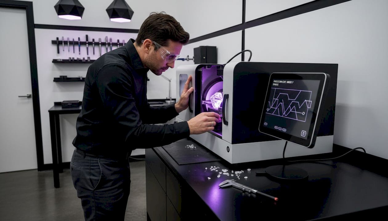 Jeweler operating laser machine for diamond cutting
