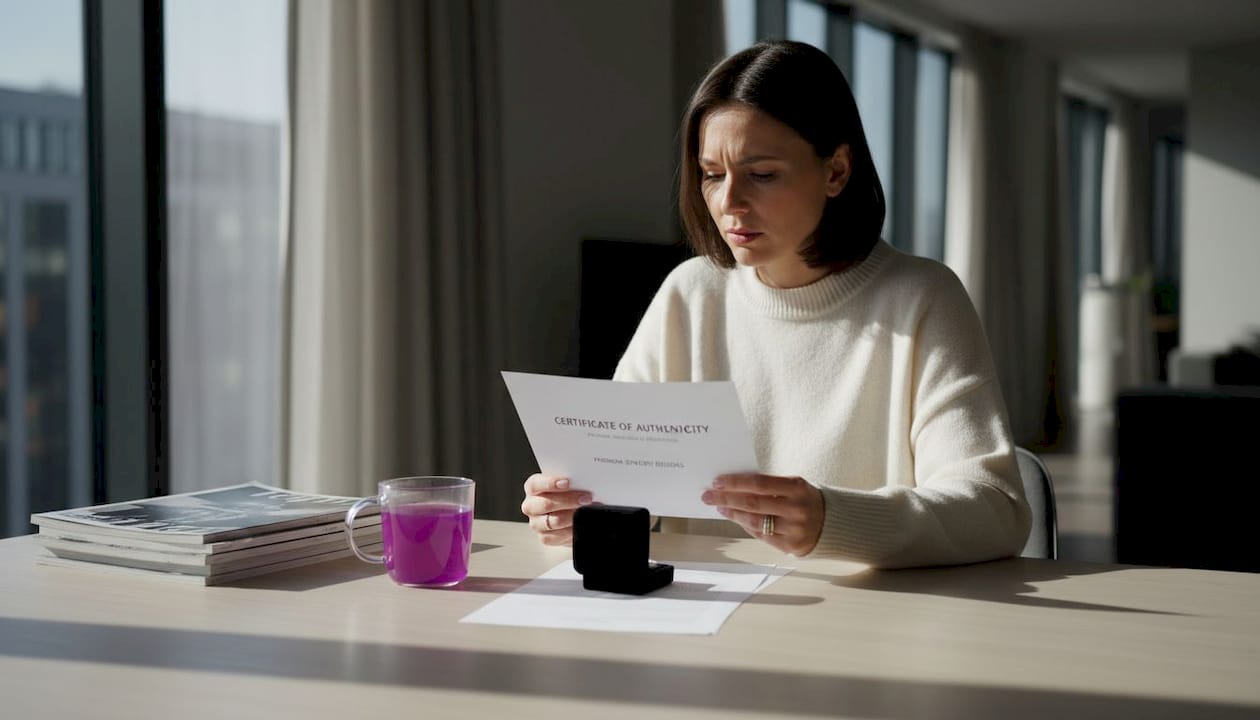 Woman reading diamond certificate at kitchen table