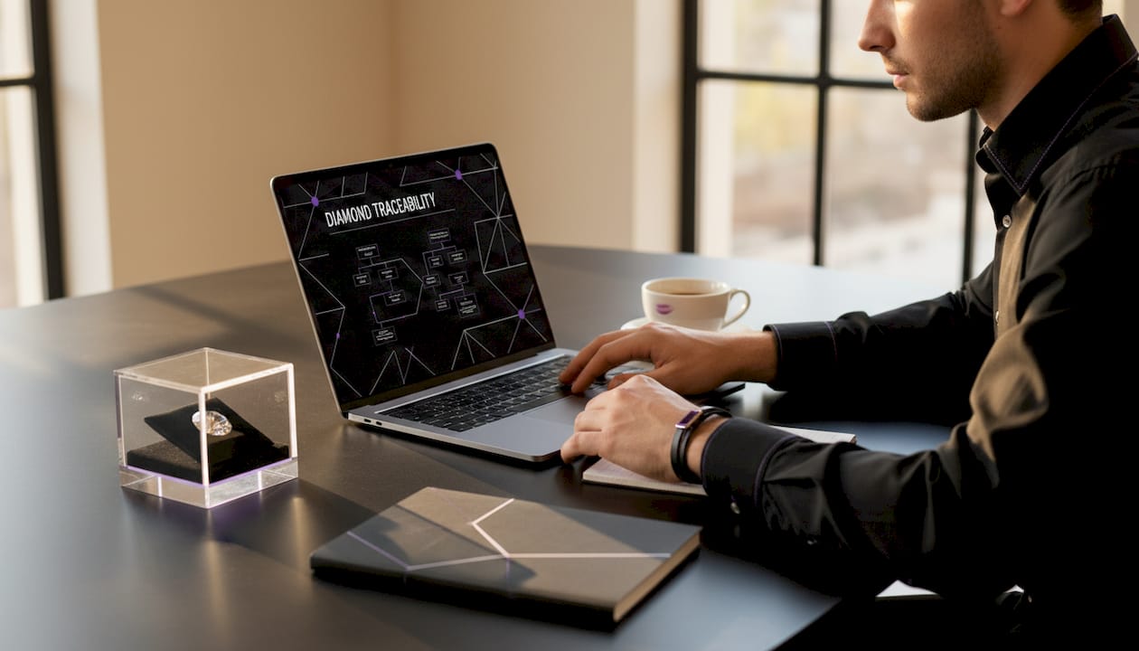 Man viewing diamond traceability document on laptop