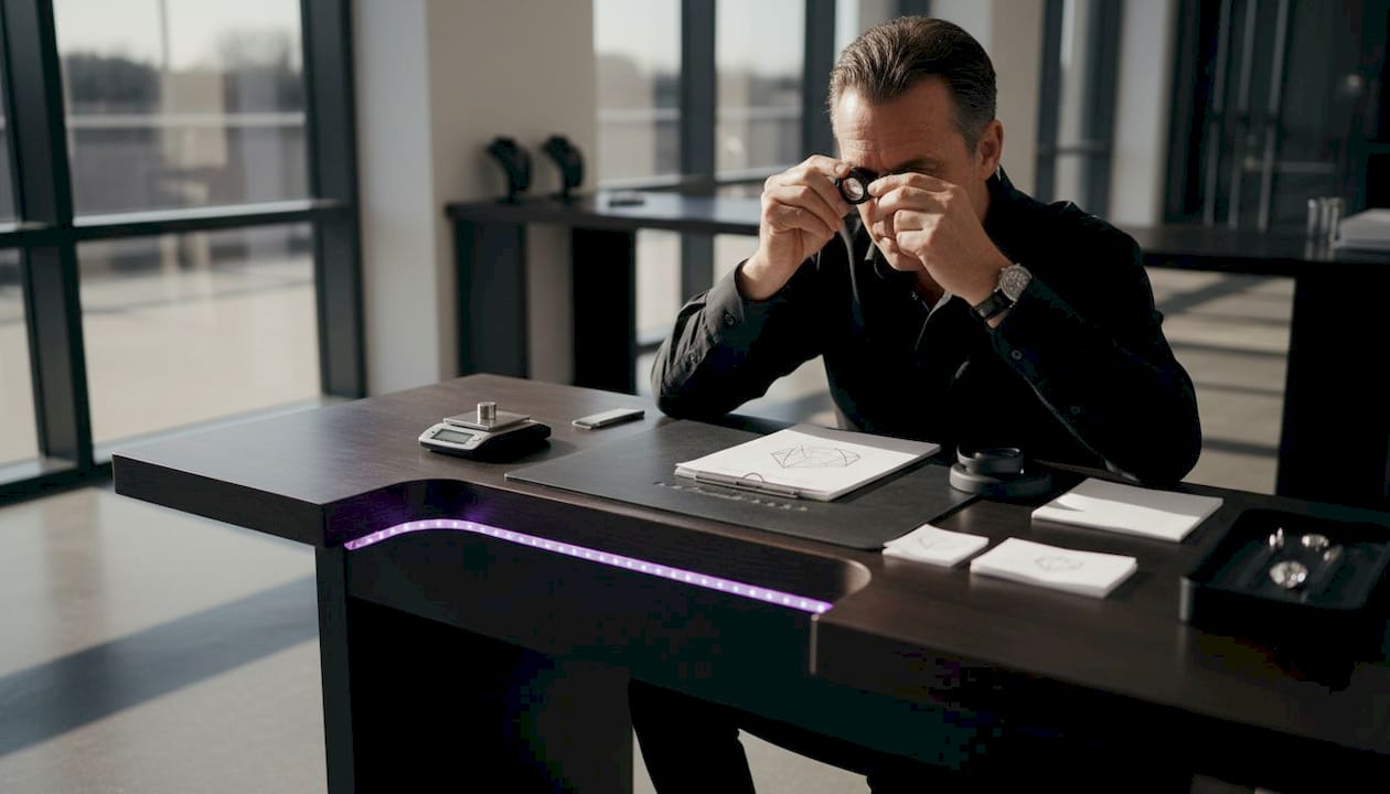 Gemologist grading diamond at workbench