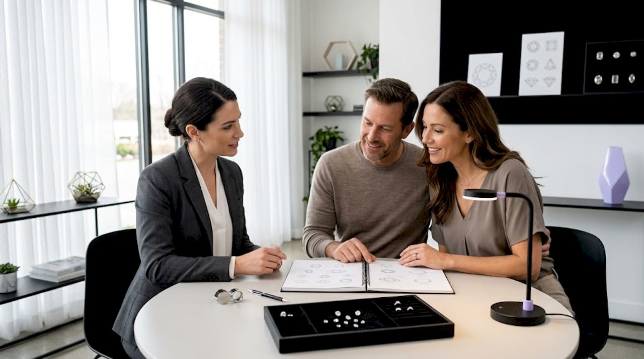 Gemologist and clients discuss diamond designs