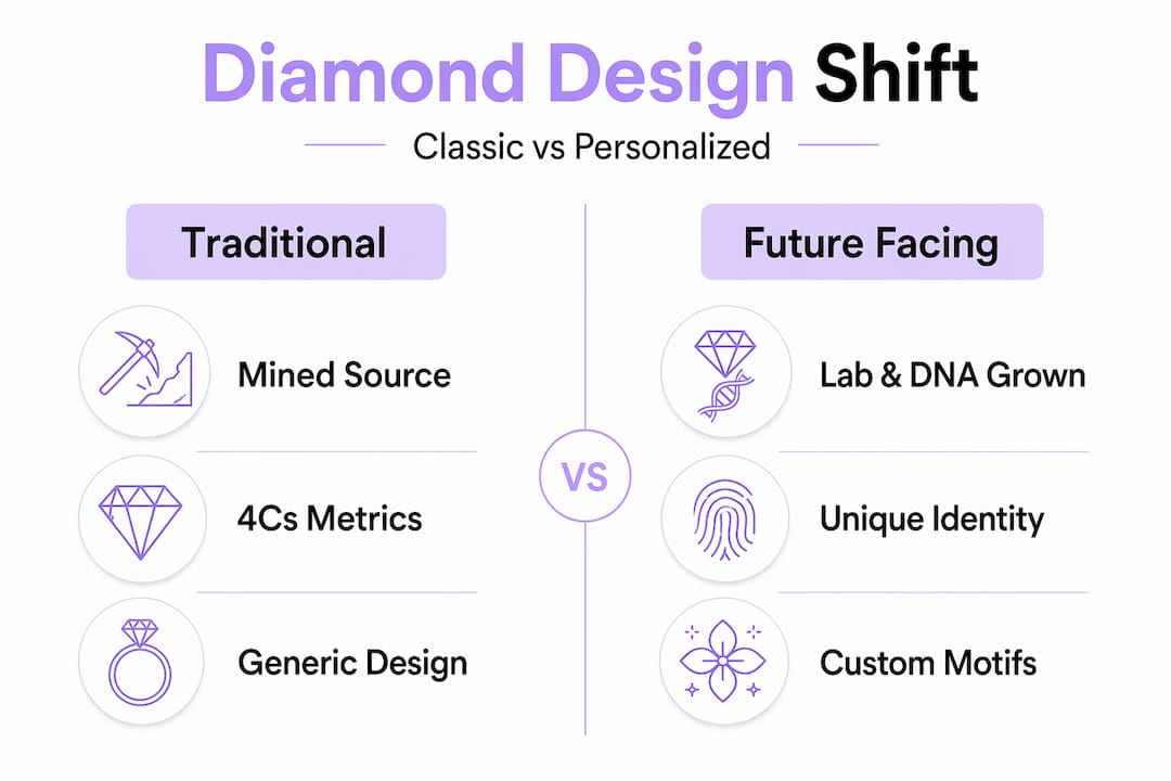 Infographic comparing traditional and future diamond design