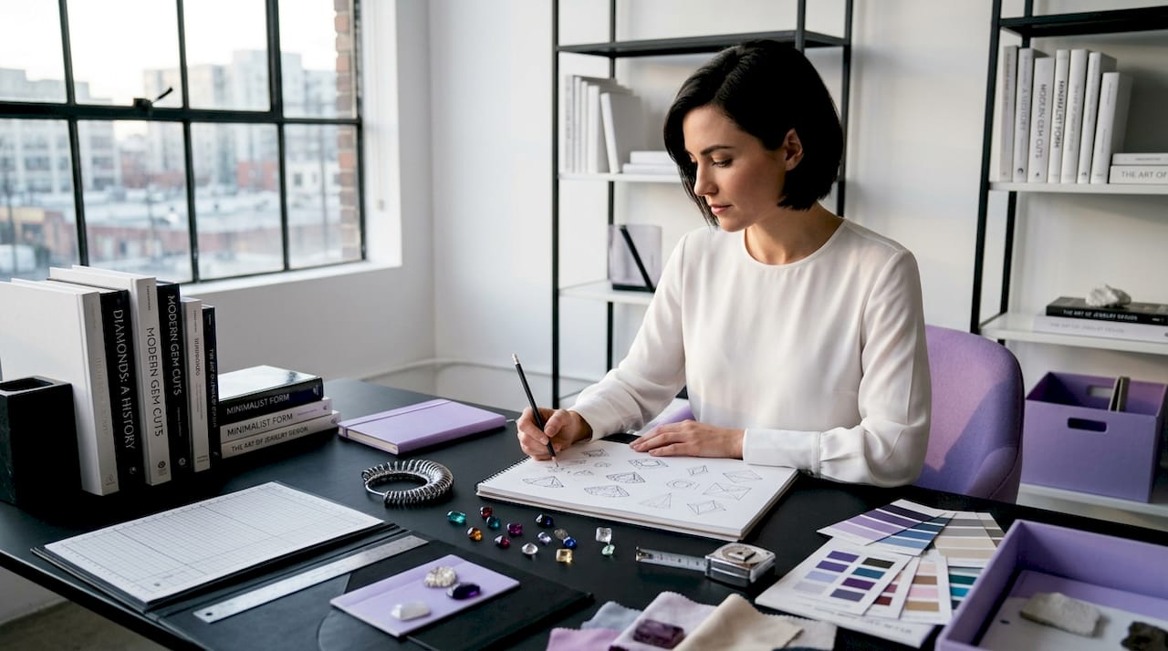 Designer reviewing tribute diamond jewelry sketches