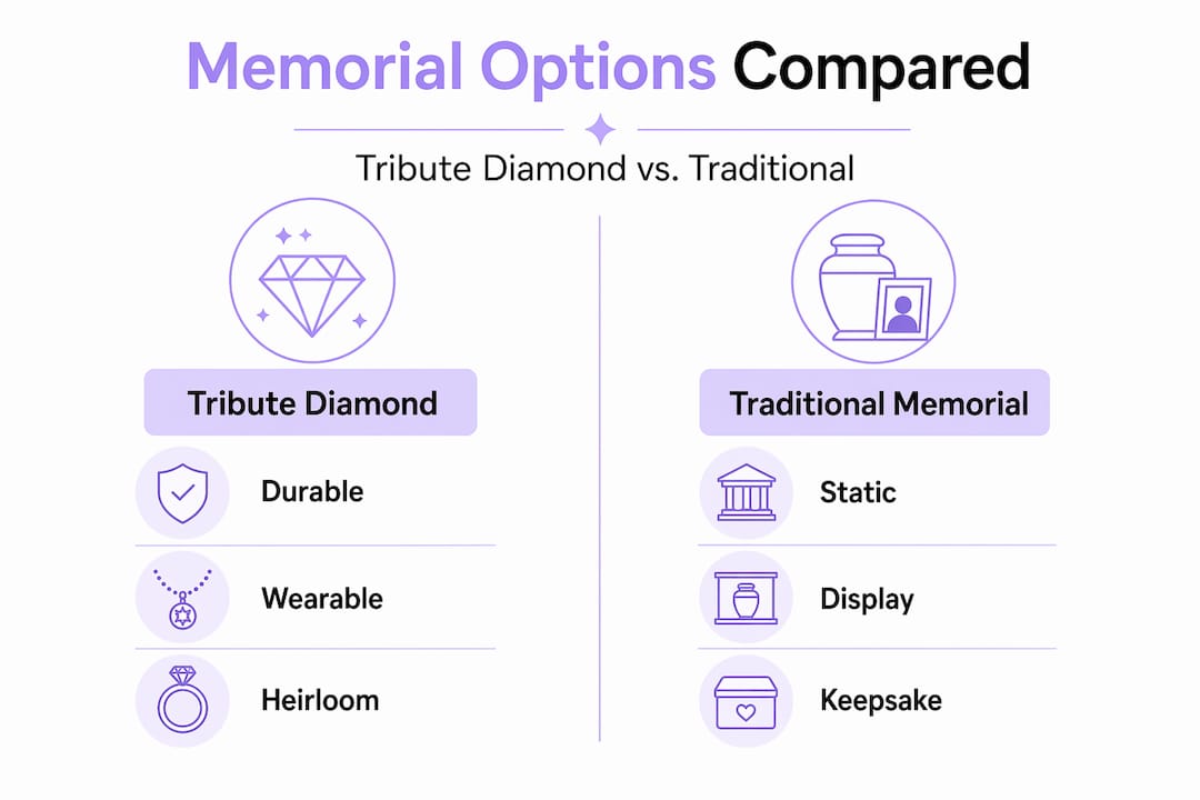 Infographic comparing tribute diamonds and traditional memorials