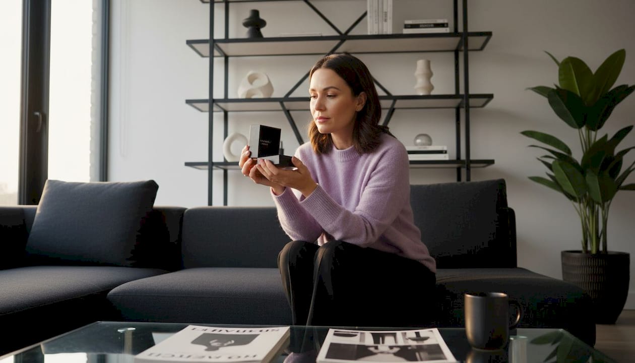 Woman holding memorial diamond on sofa
