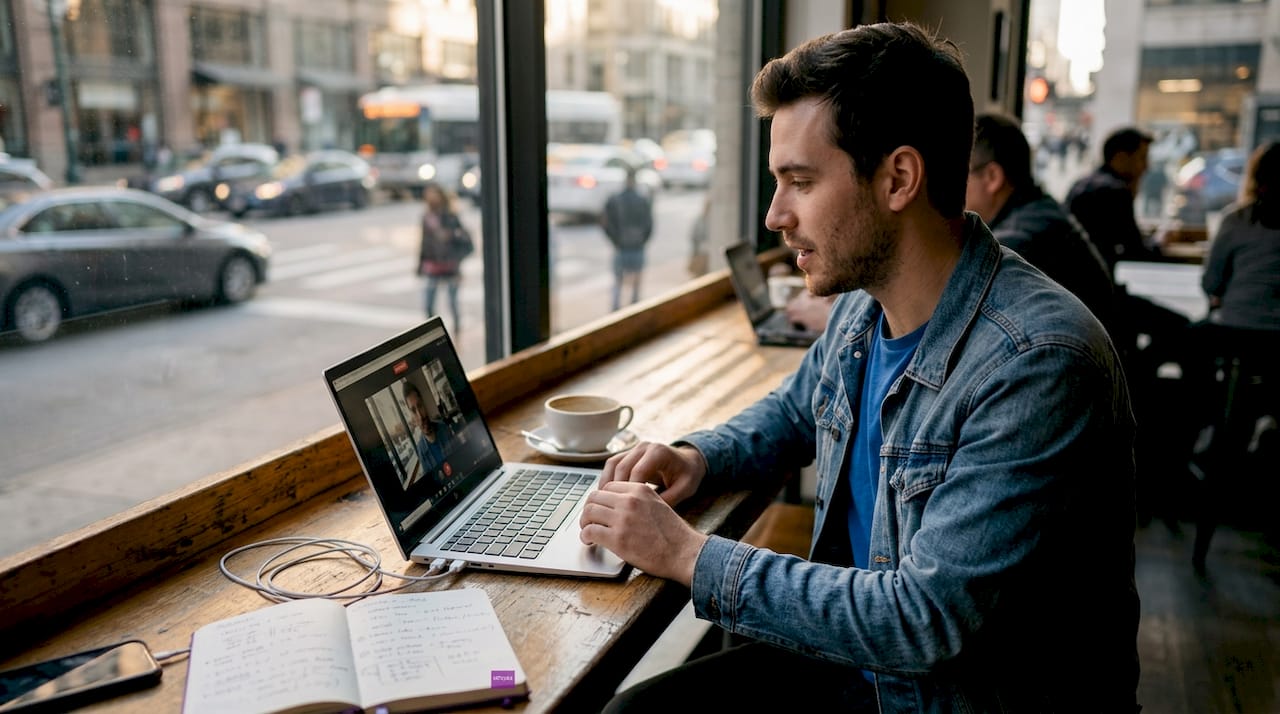 Man recording video at café window bar
