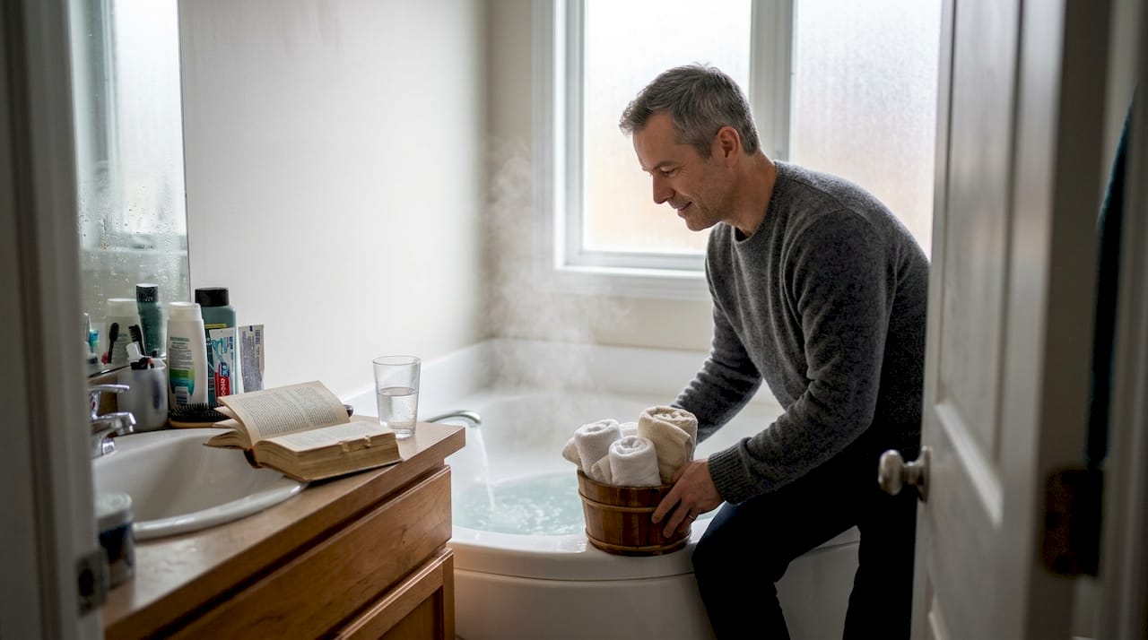 Man setting up home hydrotherapy tools