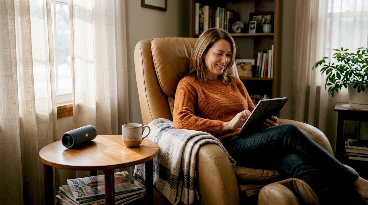 Woman using massage chair at home