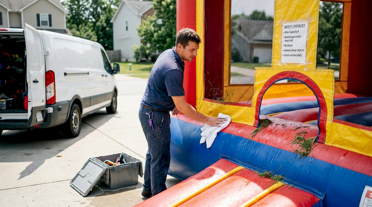 Worker drying bounce house in driveway