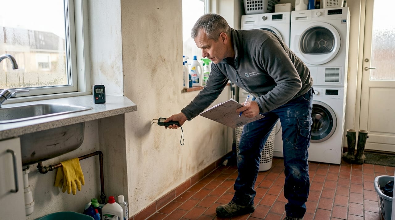 Fremgangsmåde ved skimmel: trin for trin til sundt indeklima 1 En konsulent måler fugtniveauet i væggen med et specialinstrument.