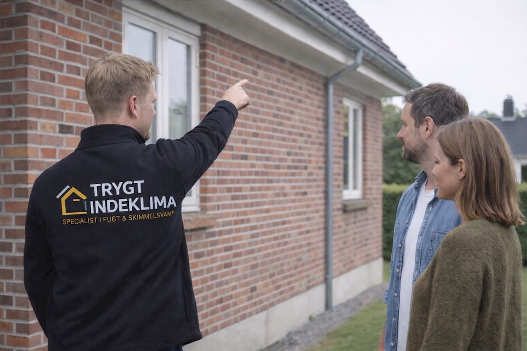 Fremgangsmåde ved skimmel: trin for trin til sundt indeklima 3 En konsulent måler fugtniveauet i væggen med et specialinstrument.