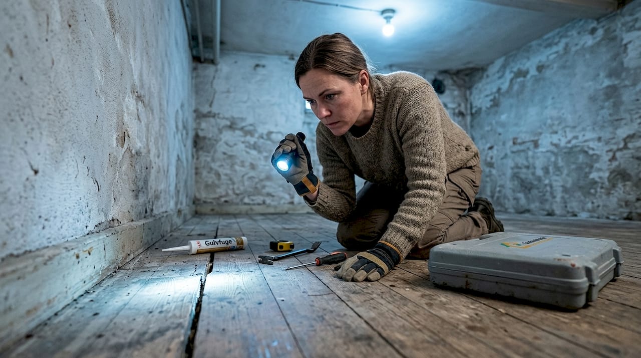 Forstå radon: beskyt din bolig mod usynlig fare 3 En kvinde tager et nærmere kig på en revne i gulvet nede i kælderen.