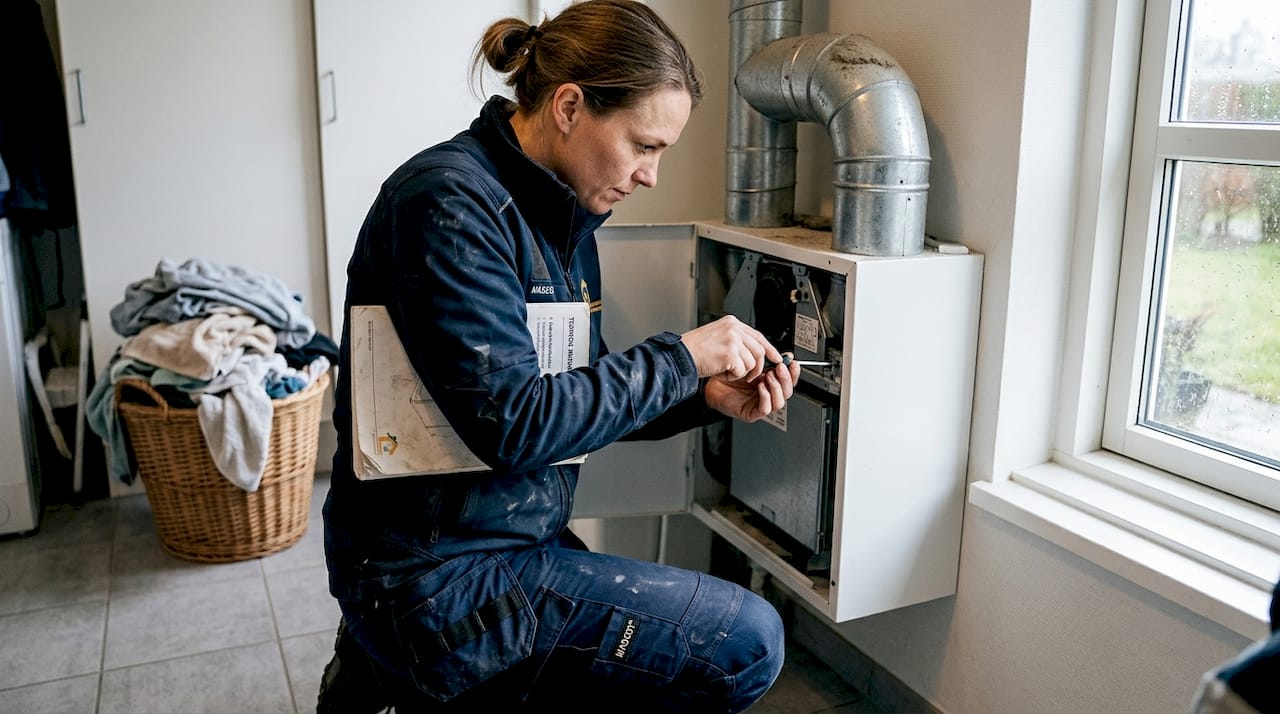 Forstå boligens ventilation: bedre indeklima og mindre skimmel 3 En tekniker justerer ventilationsanlægget i husets bryggers.