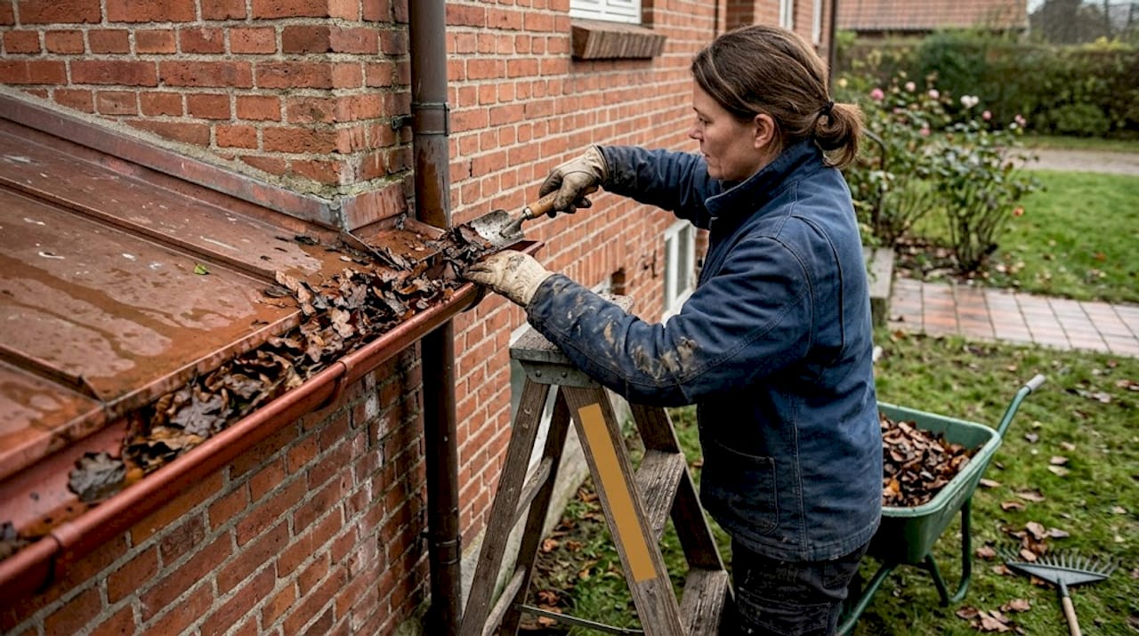 Fugtproblemer i hjemmet: tjekliste og ekspertråd 3 En kvinde står ved huset og fjerner blade fra tagrenden.