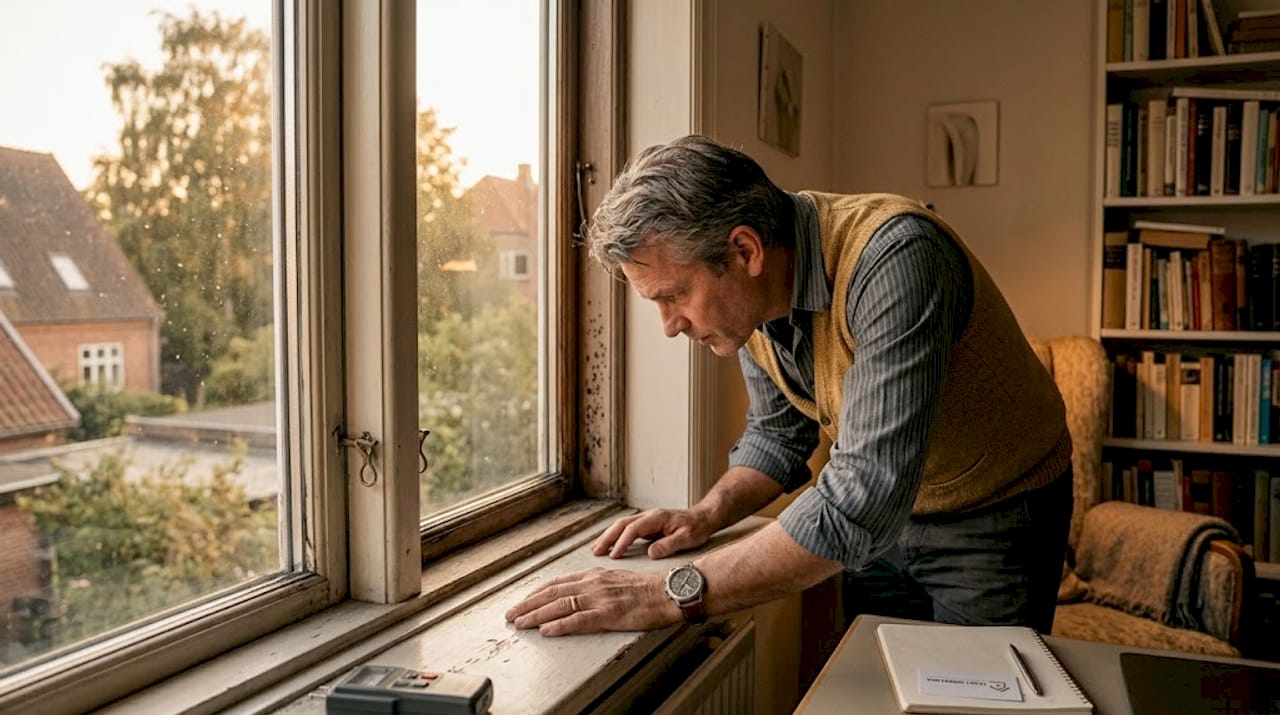 Hvordan påvirker fugt indeklimaet i dit hjem? 3 En mand undersøger fugtpletter og skimmelsvamp på vinduesrammen.