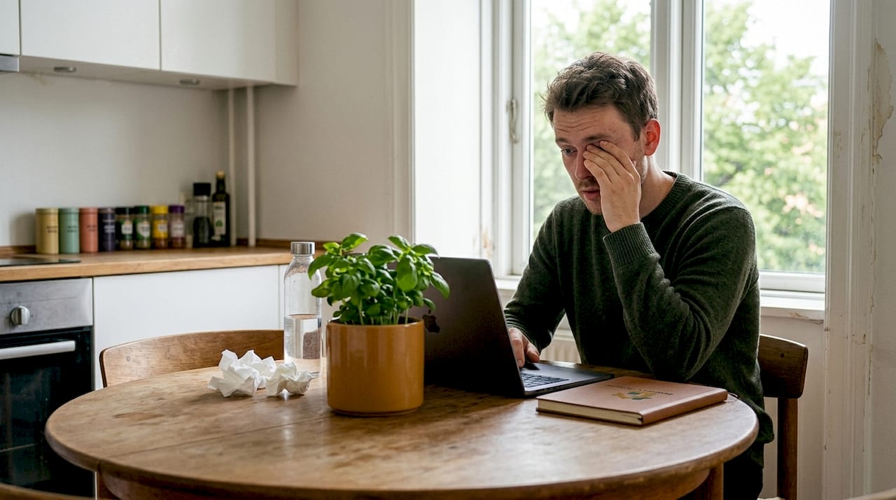 Kan man bo i hus med skimmel? Risici og råd 3 Mand med allergi arbejder i bolig med skimmelsvamp