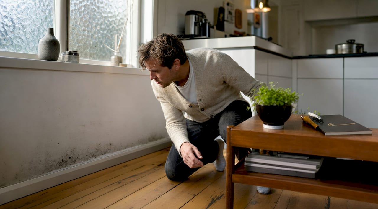 5 steder du typisk får skimmelsvamp i hjemmet 3 En mand undersøger skimmelsvamp bag sofaen op ad en kold ydervæg.