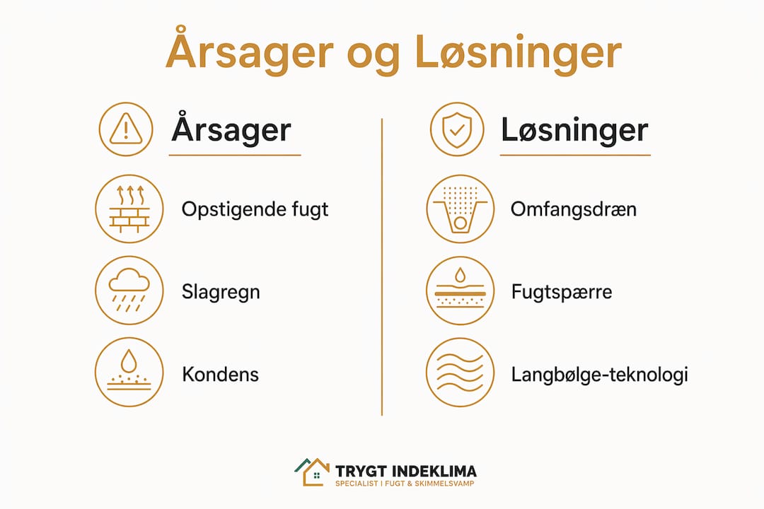 Grafisk oversigt med typiske årsager til fugt i murværket – og gode råd til, hvordan du løser problemerne