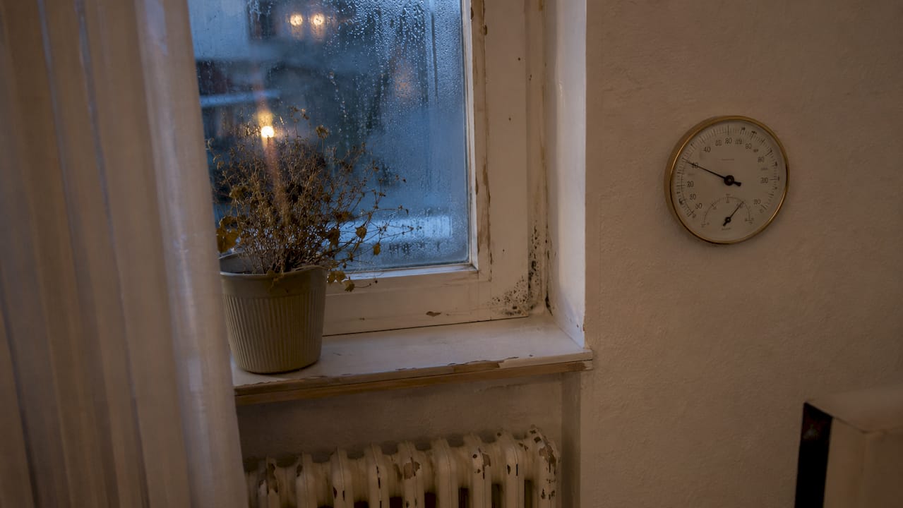 Skimmelsvamp på vindue og i vindueskarmen 3 Vindueskarm med måling af luftfugtighed og tegn på kondens