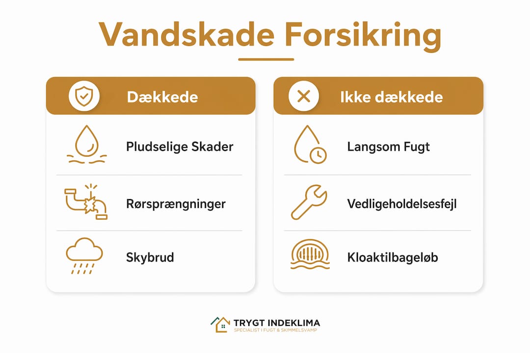 Hvad dækker forsikring ved vandskade 3 Grafisk oversigt, der viser forskellen på vandskader, som er dækket af forsikringen, og dem, der ikke er.