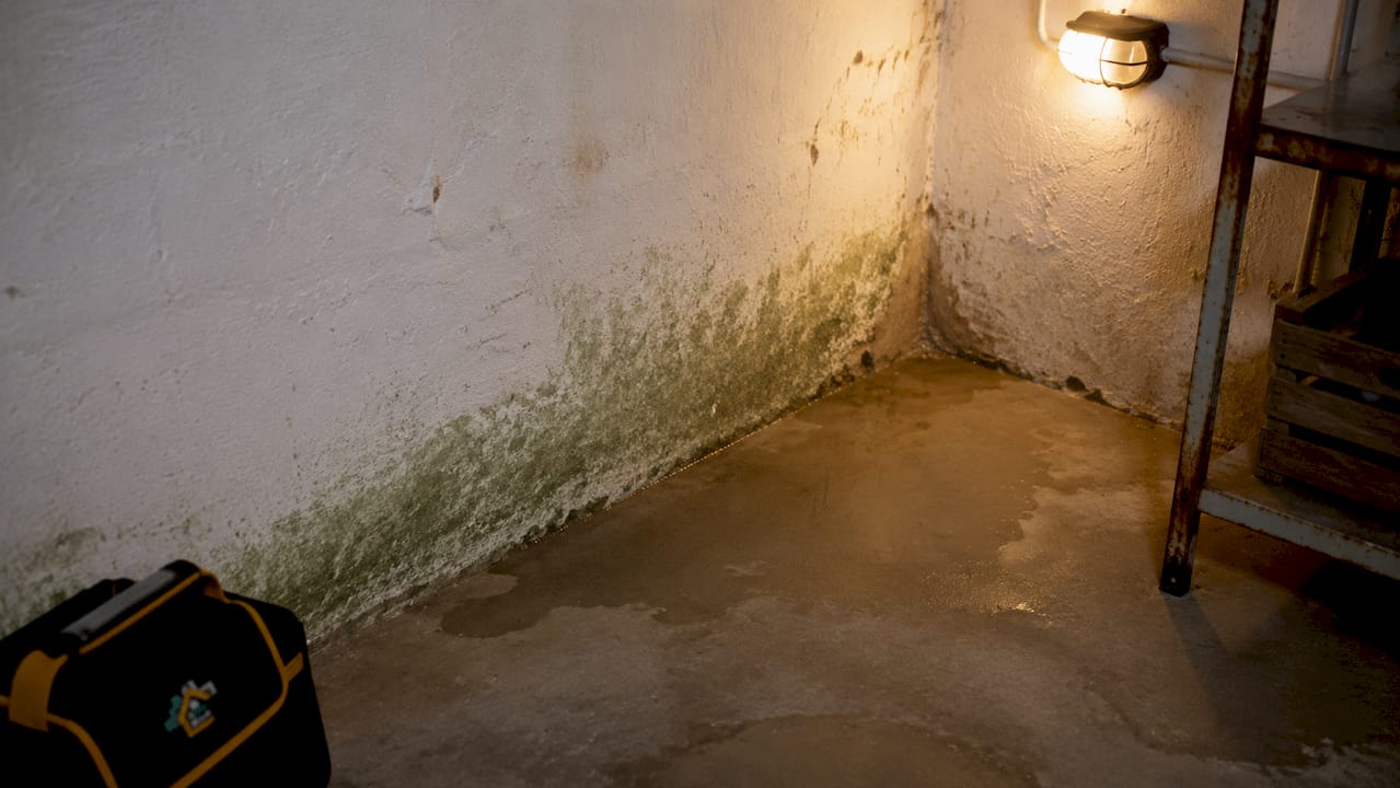Detaljeret billede af grøn skimmelsvamp i et hjørne af stuen
