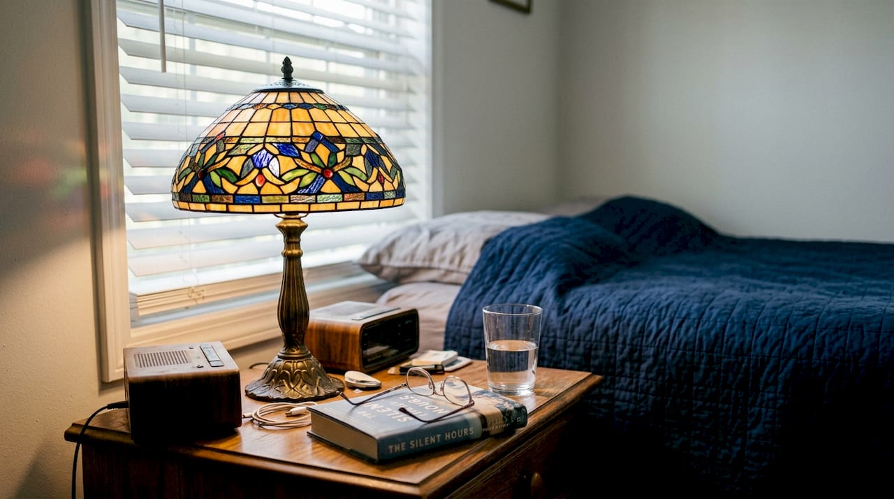 Stained glass lamp on cluttered nightstand