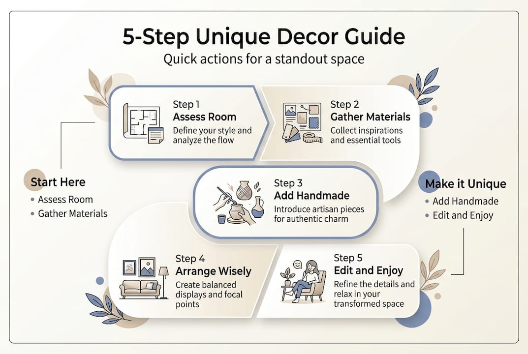 Infographic outlining five unique decor steps