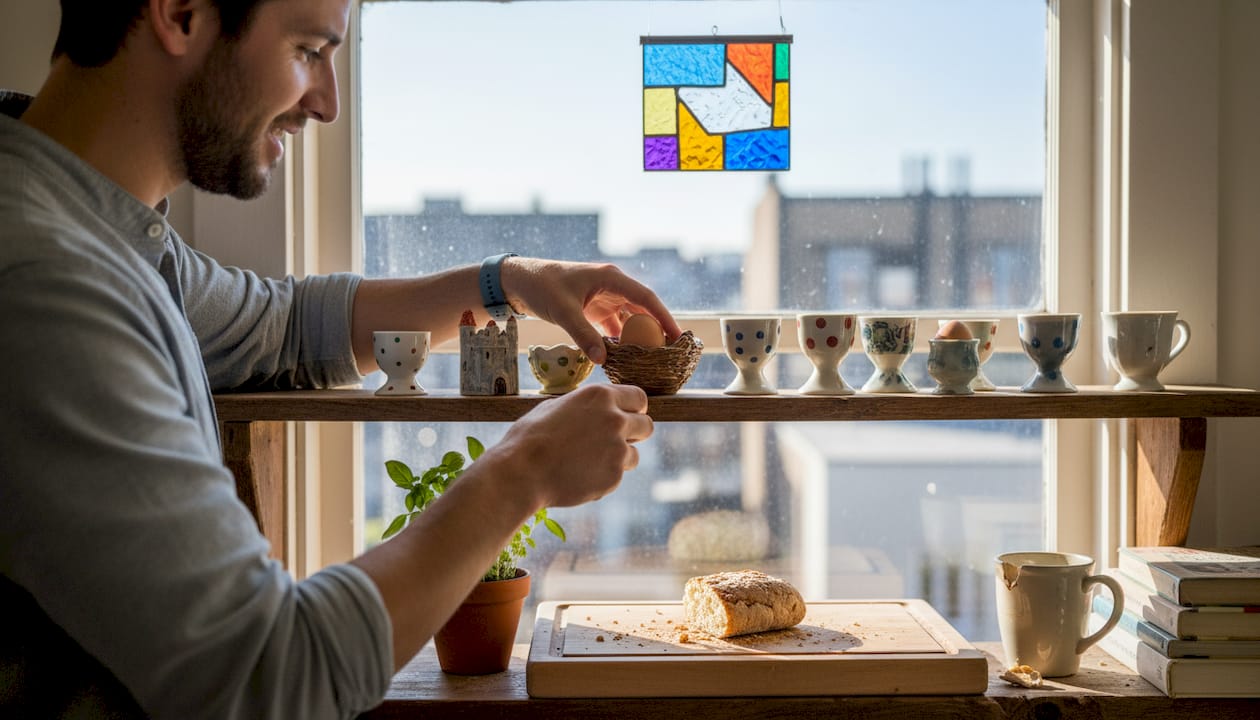 Person arranging unique decor on kitchen shelf
