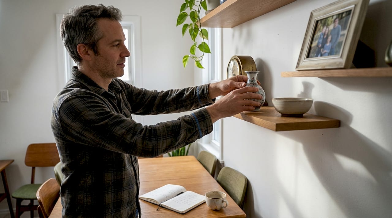 Man arranging vintage items on wall shelf