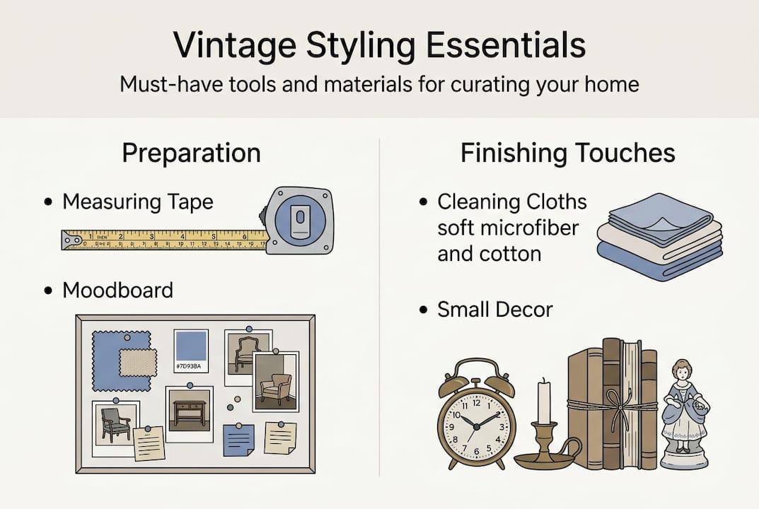 Infographic with vintage decor essentials and categories
