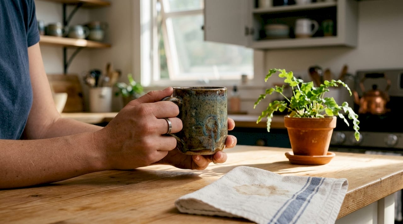 Hands holding handmade ceramic mug