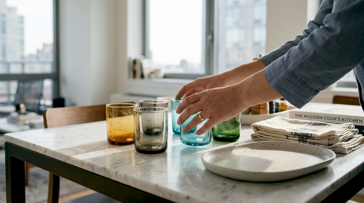 Arranging colored glass tumblers for gift