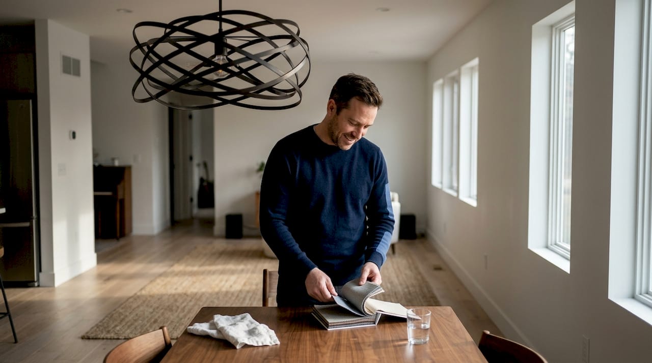 Man examining swatches under sculptural dining light