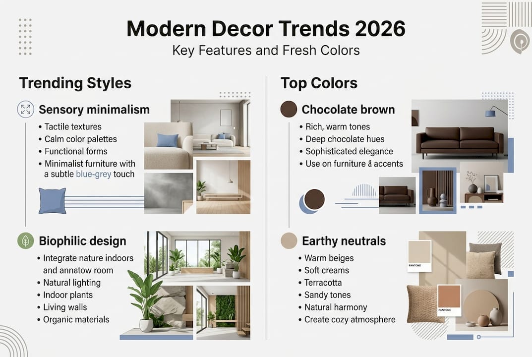Infographic summarizing 2026 modern decor trends and colors