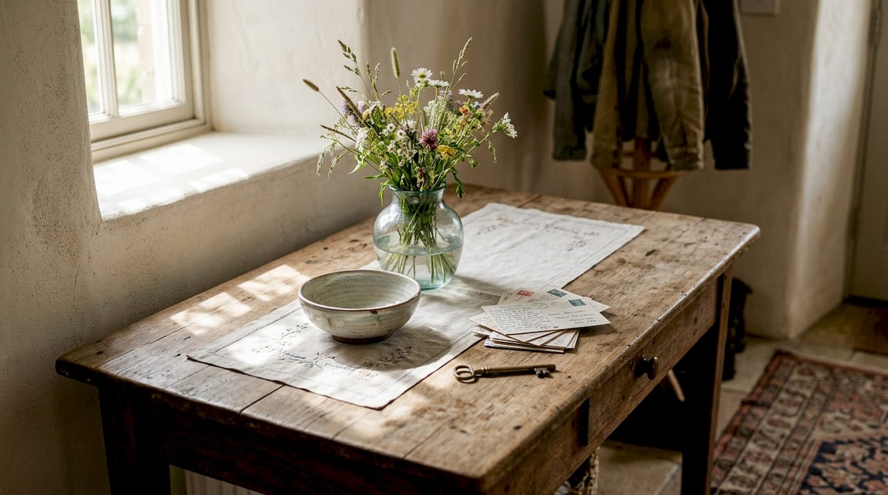 Handmade artisan decor on hallway table