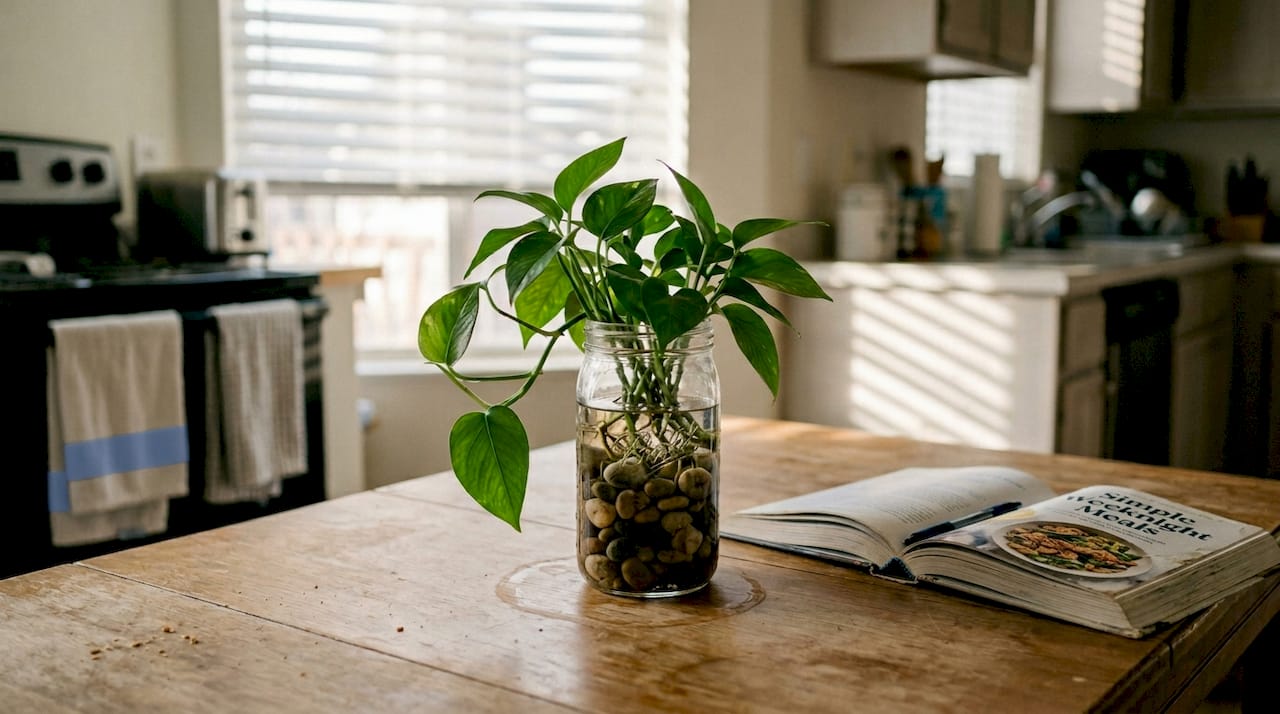 Pothos plant centerpiece on wooden kitchen table