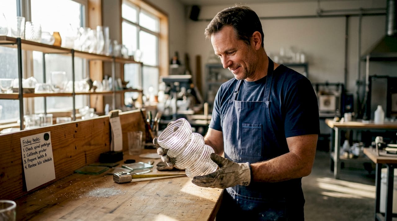 Artisan examining 3D-printed spiral vessel in studio