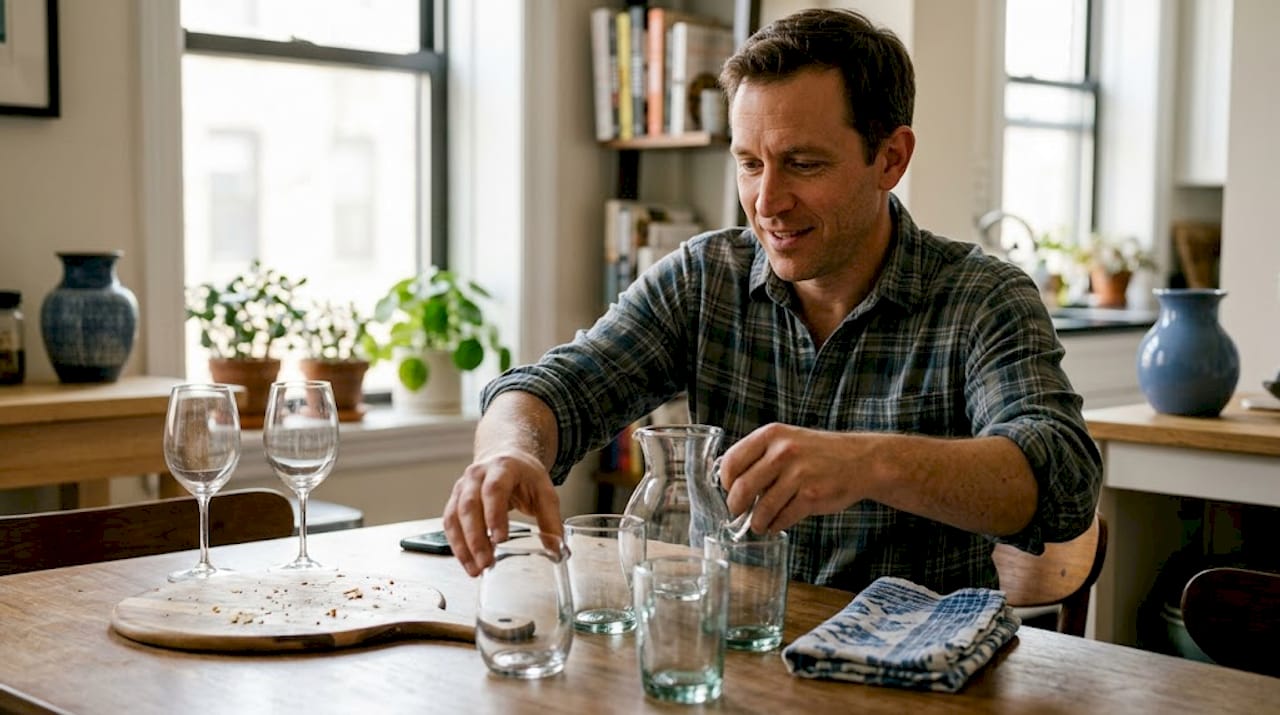Hand arranging artisan glassware at kitchen table