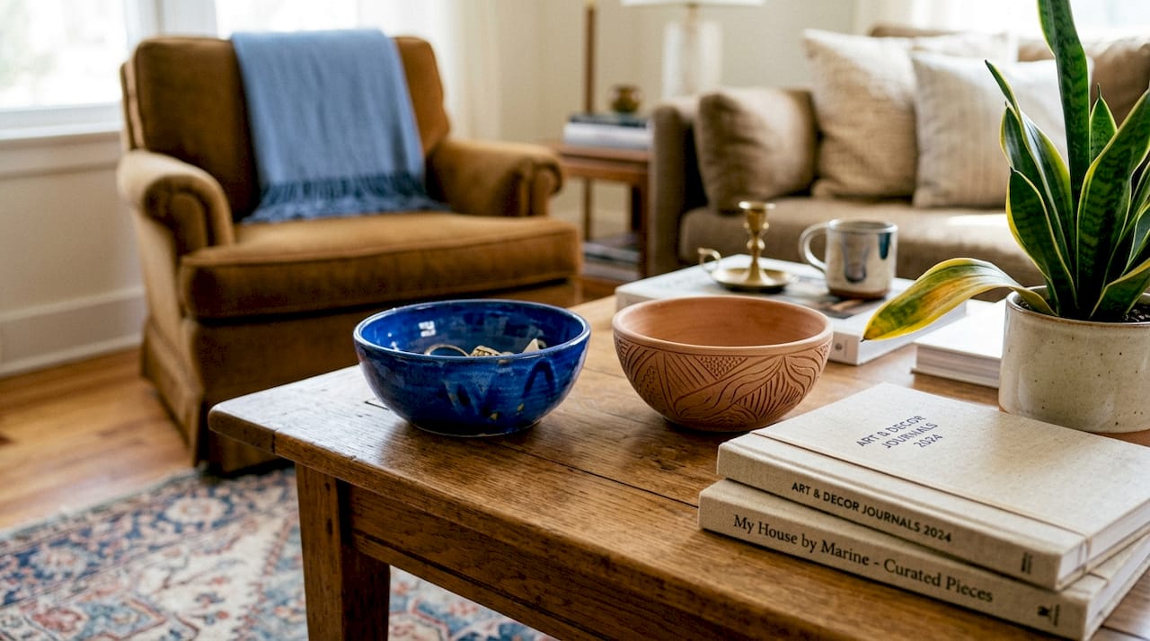 Handmade artisan bowls in warm living room