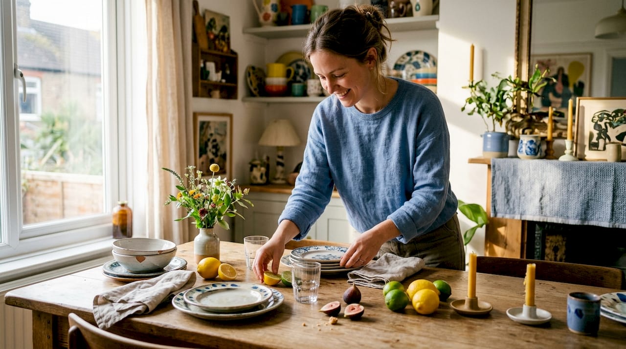 Woman layering plates linens decor around glassware