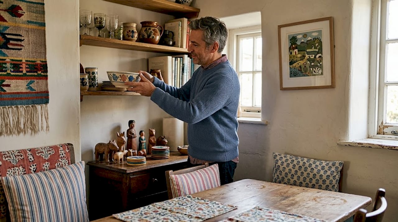 Man arranging folklectic decor in dining nook