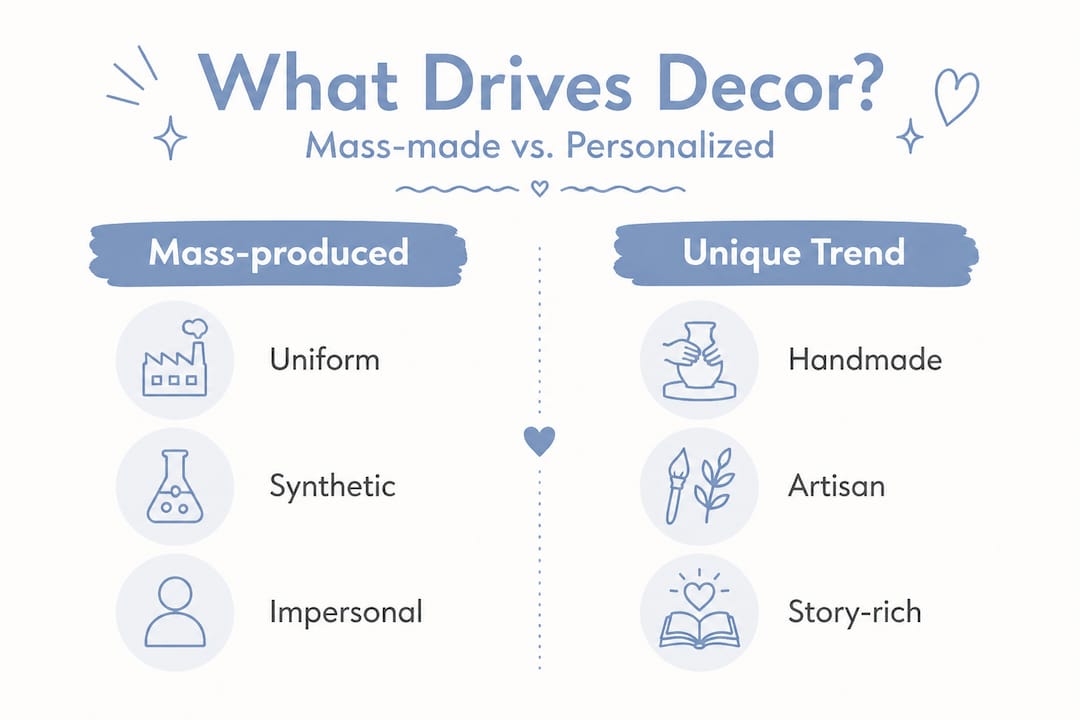 Infographic comparing mass-produced and unique decor drivers