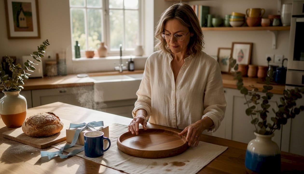 Woman inspecting artisan crafted serving tray