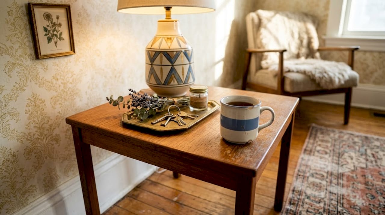 Mid-century table with art deco accessories