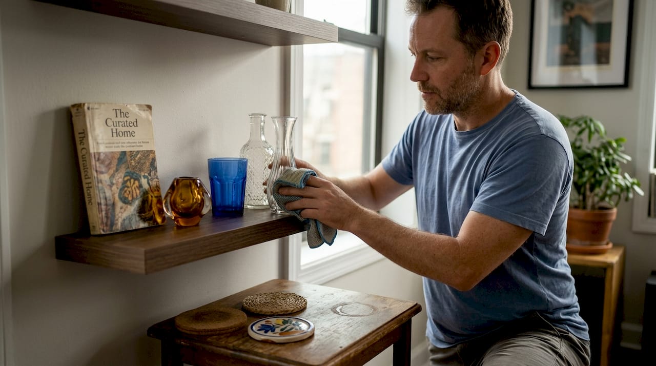 Man cleaning clear glassware on floating shelf