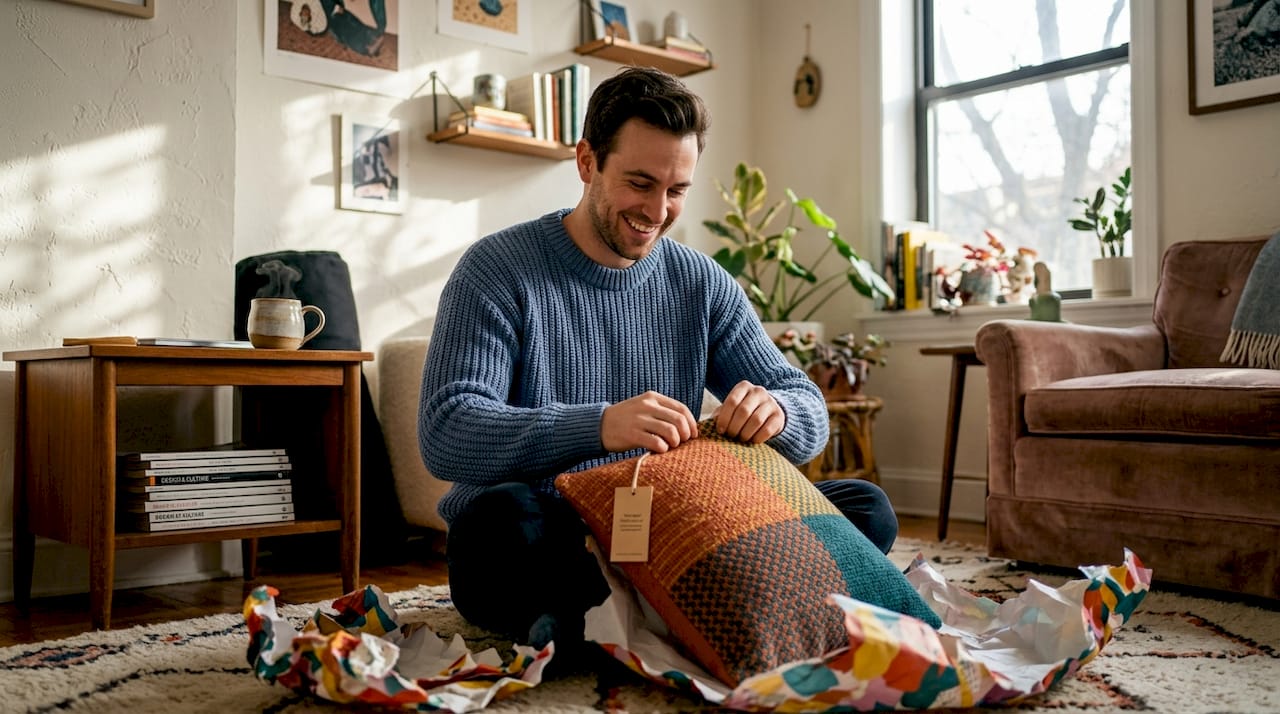 Man opening handmade decor gift at home